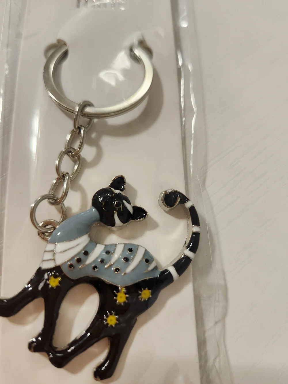 Mint Enamel Silver Light And Dark Blue Cat Keychain